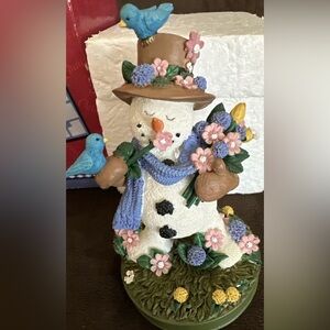 Snowman Figurine with Bluebirds and Flowers